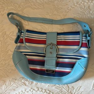 Vintage Kate Spade striped bag light blue with dark blue, white and red.
